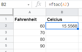 A simple custom function that converts Fahrenheit to Celcius