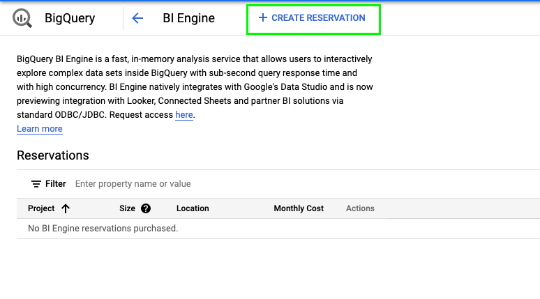 Create reservation BI engine BigQuery