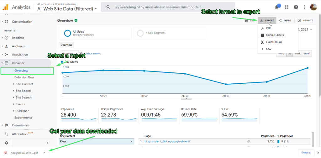 Export Google Analytics Report
