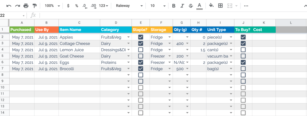 Simple food inventory template in Google Sheets