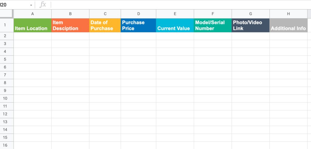 Home inventory Google Sheets template