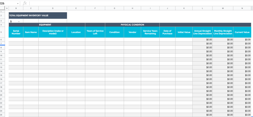 Athletic equipment inventory template in Google Sheets