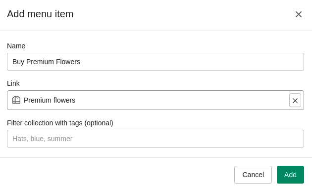 Add a menu item in Shopify