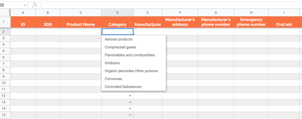 Chemical inventory template in Google Sheets