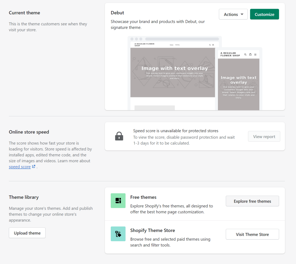 Shopify admin panel - choose a theme