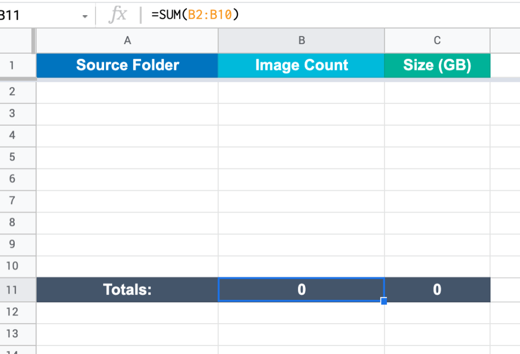 Photography inventory template in Google Sheets