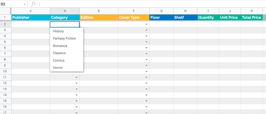 Books inventory tracker template in Google Sheets