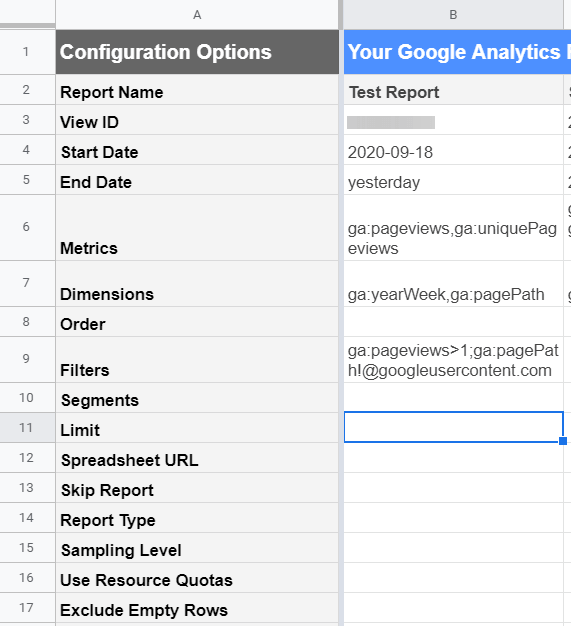 El campo Límite en la configuración del informe complementario de Google Analytics