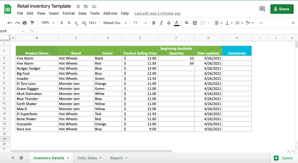 Retail inventory Google Sheets template