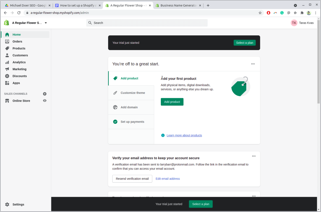 Shopify admin panel