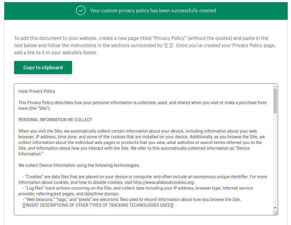 Shopify free privacy policy template