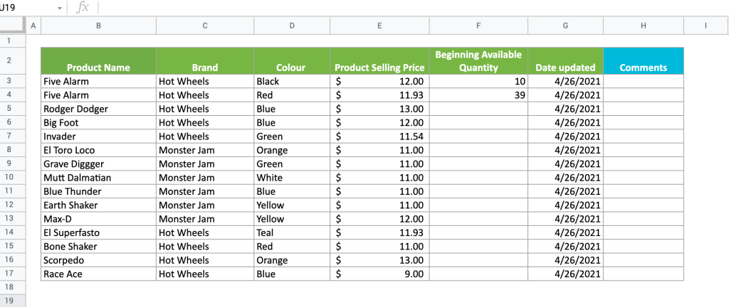 Retail inventory Google Sheets template - first tab