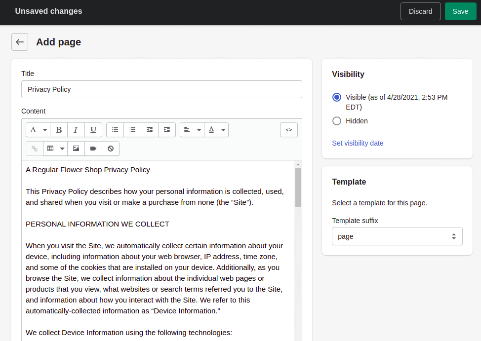 Create a Privacy Policy page in Shopify