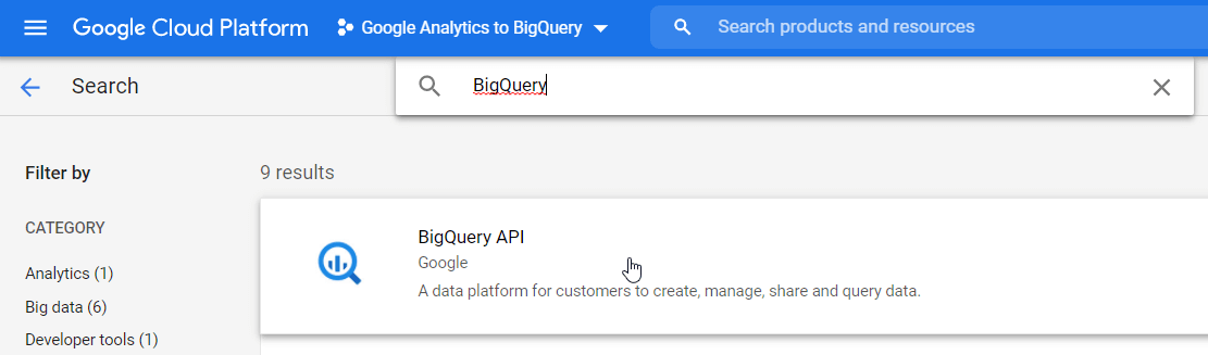 Introduce "BigQuery" en la barra de búsqueda y selecciona la API BigQuery.