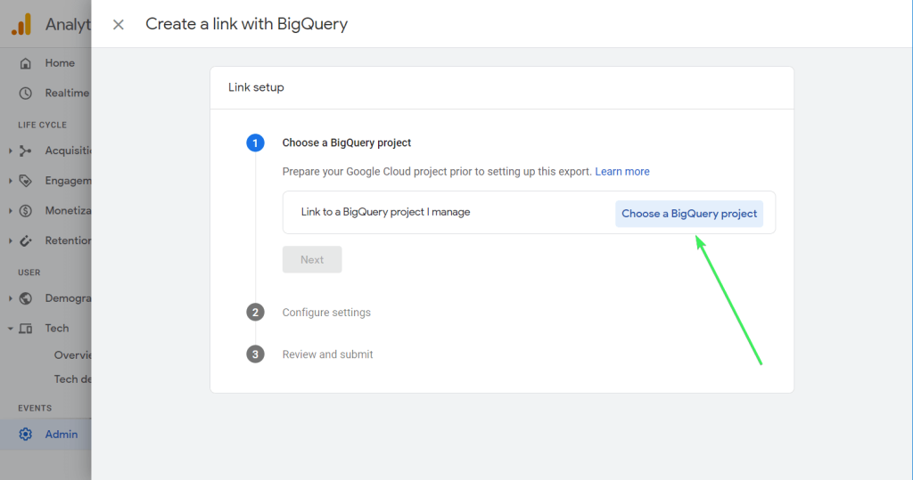 Choose a BigQuery project (you can choose the project that you have access to).