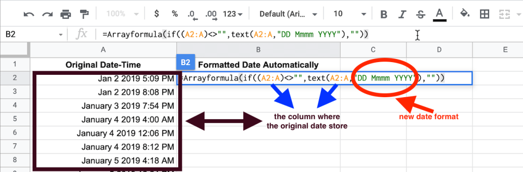 Arrayformula for automatically converting to date format