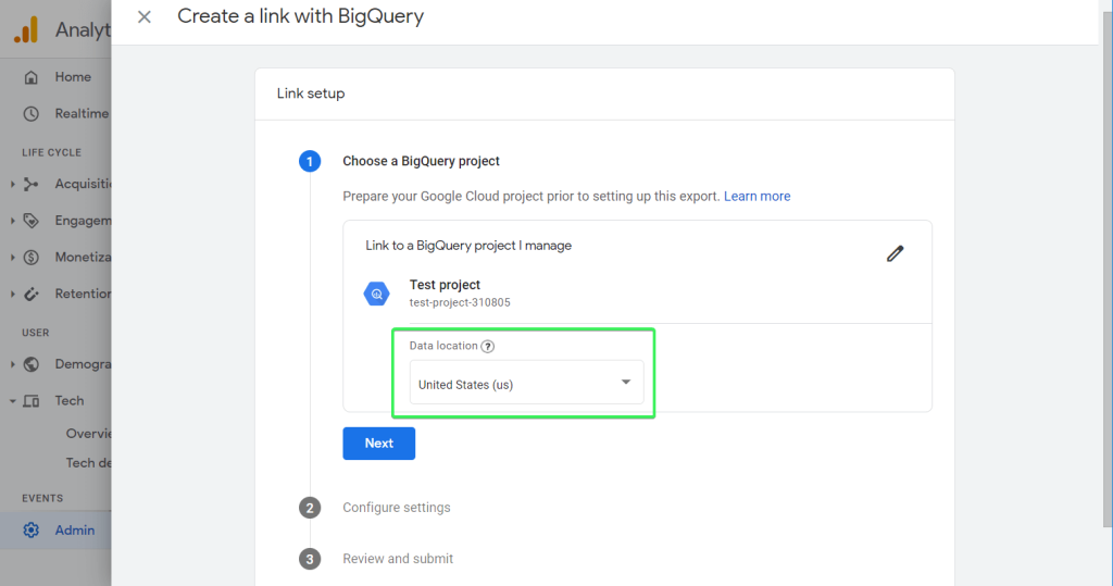Select a Google Cloud region for your data when you set up an export. Click "Next".