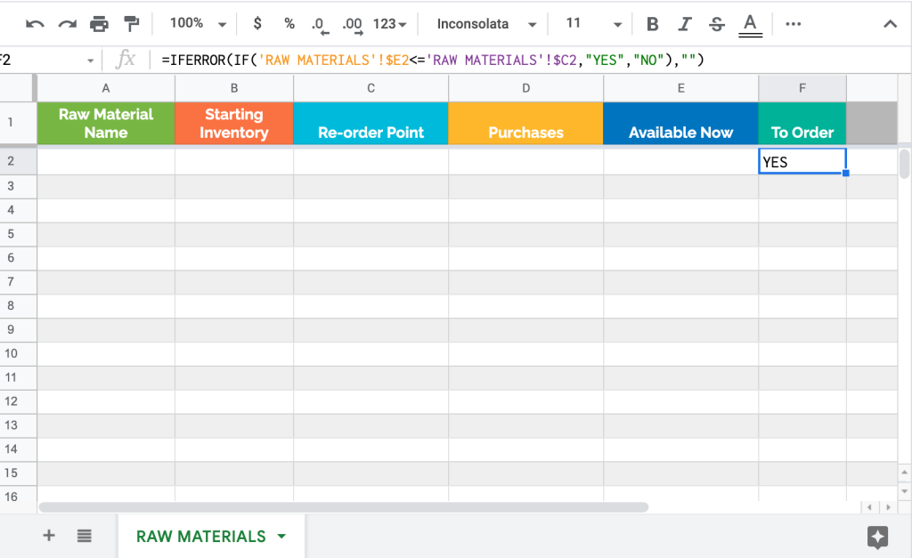 Raw materials (manufacturing) inventory Google Sheets template