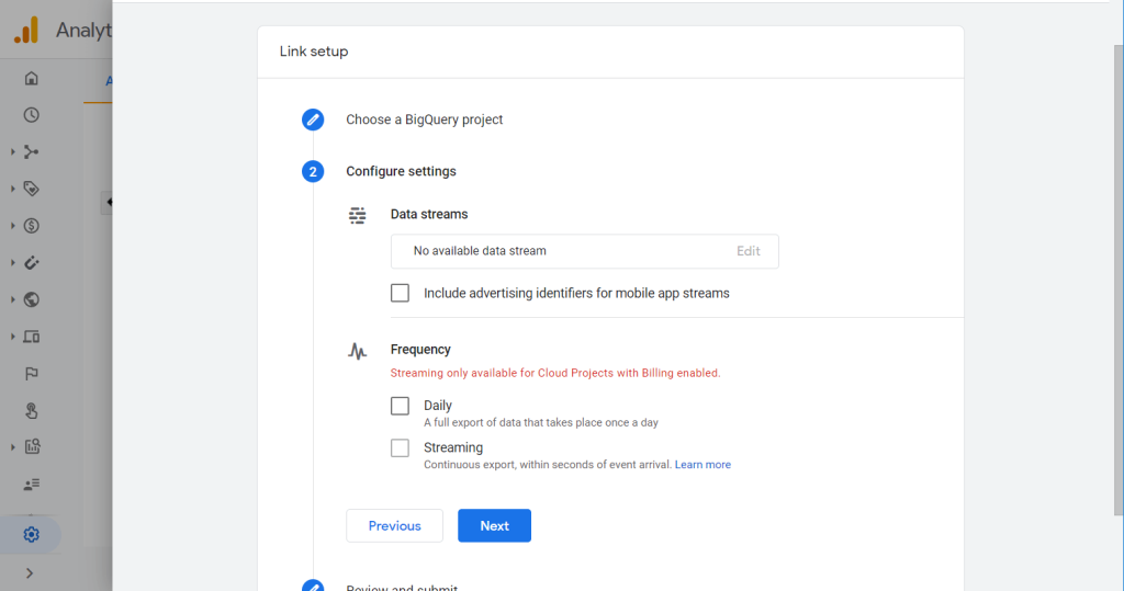 Select data streams and frequency for exports
