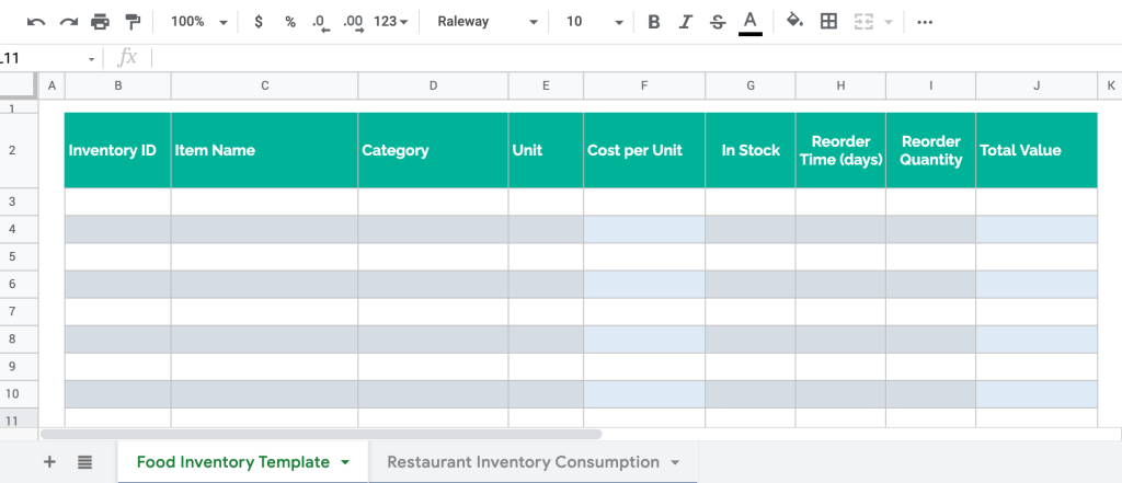Restaurant inventory spreadsheet template in Google Sheets