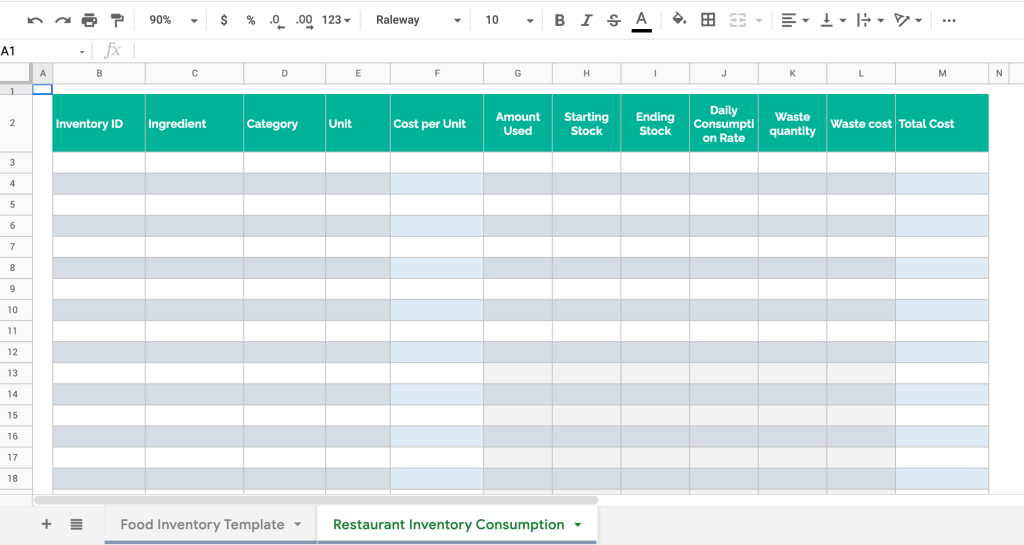 Restaurant inventory order template in Google Sheets