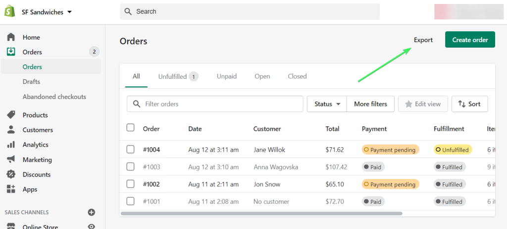 Shopify export orders