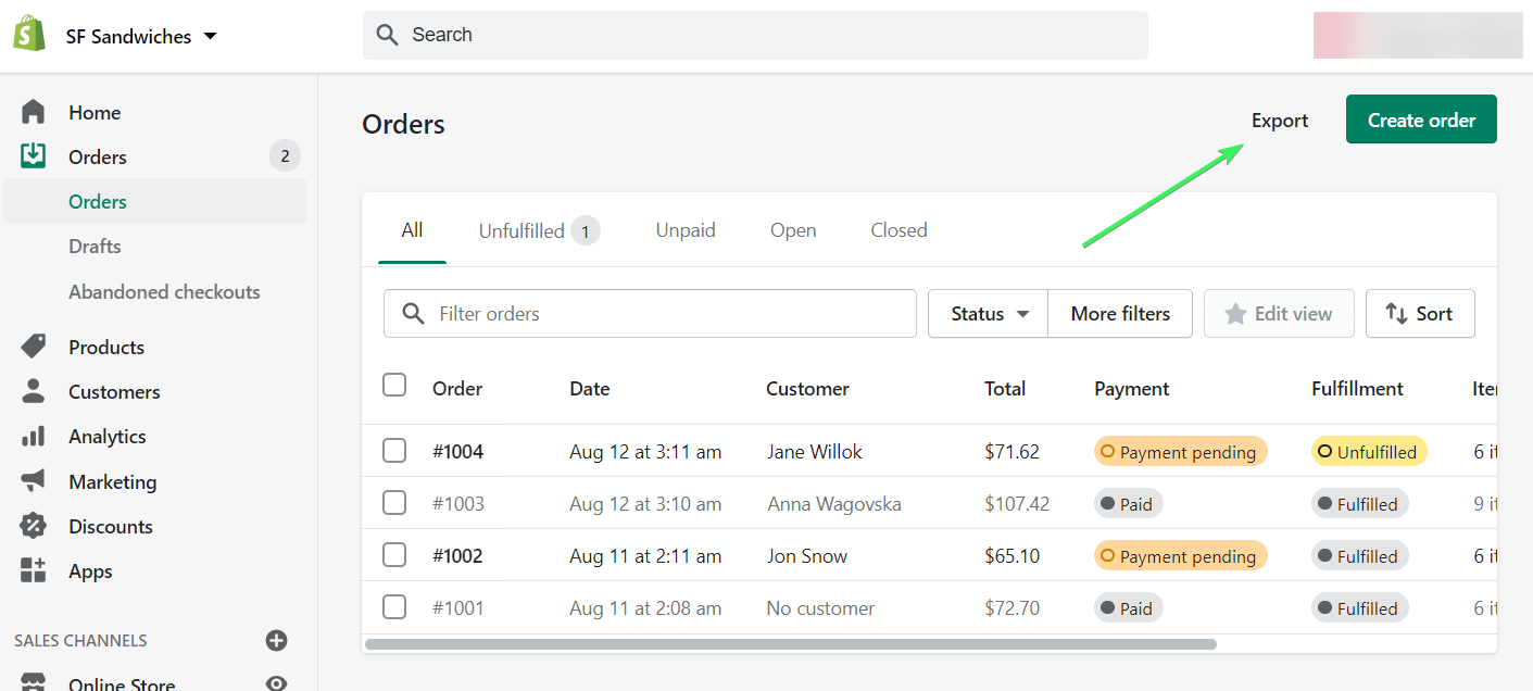 Pedidos de exportación de Shopify