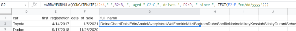 CONCATENATE nested with ARRAYFORMULA will return all values from columns merged in a row