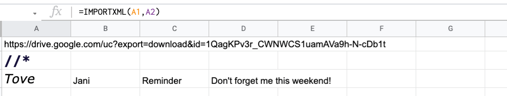 Formula to import an XML file from Google Drive to Google Sheets