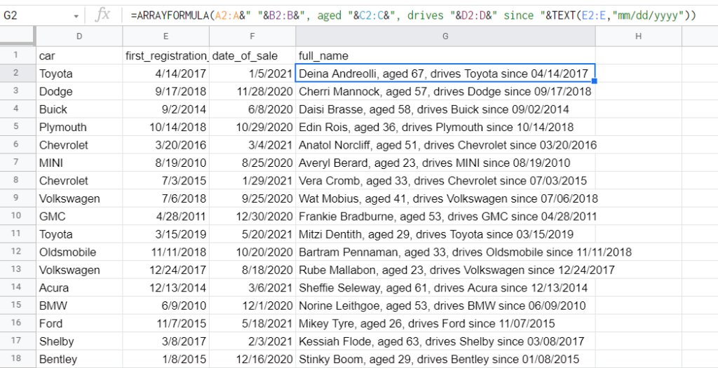 Google Sheets ARRAYFORMULA to concatenate columns