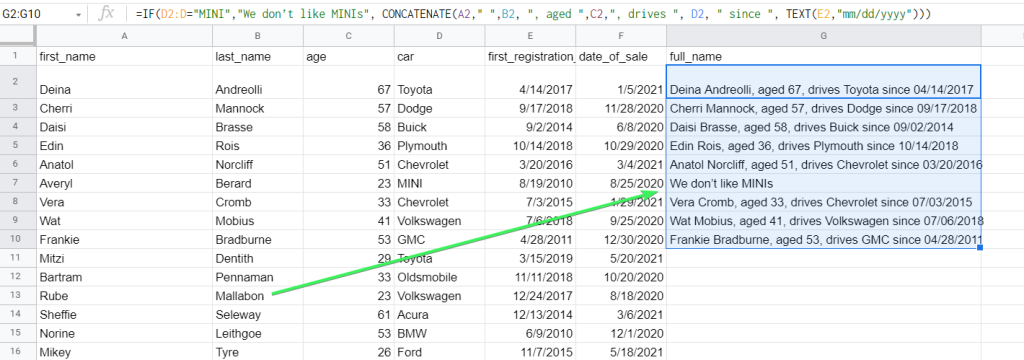 Google Sheets CONCATENATE + IF formula example