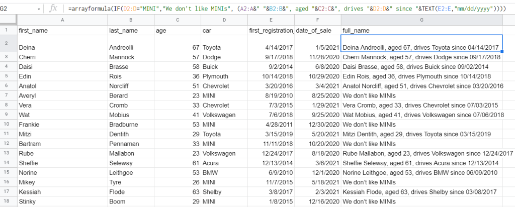 Google Sheets ARRAYFORMULA+IF to concatenate with condition