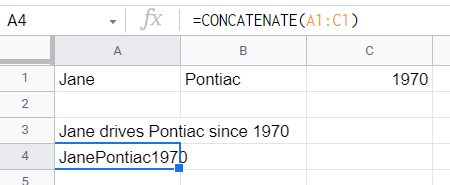 Google Sheets CONCATENATE formula example for a range