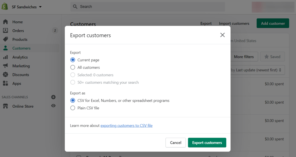 Export customer data from Shopify as CSV