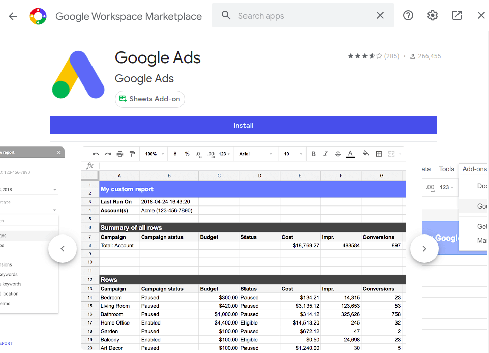 Google Ads add-on for Google Sheets