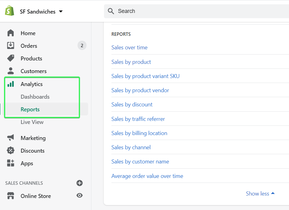 Shopify reports in Analytics