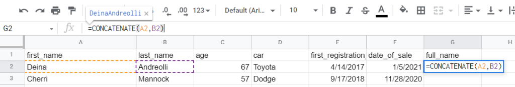 Google Sheets CONCATENATE cells