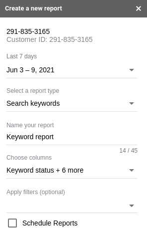 Keyword report