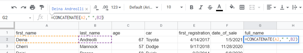 Google Sheets CONCATENATE with space