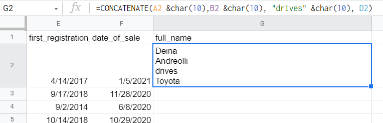 Google Sheets CONCATENATE with a new line