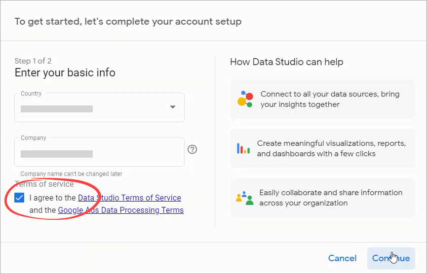 Finalización de la configuración de la cuenta de Data Studio