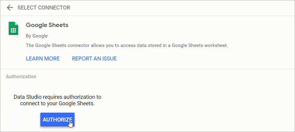Autorización de Data Studio para conectarse a Google Sheets
