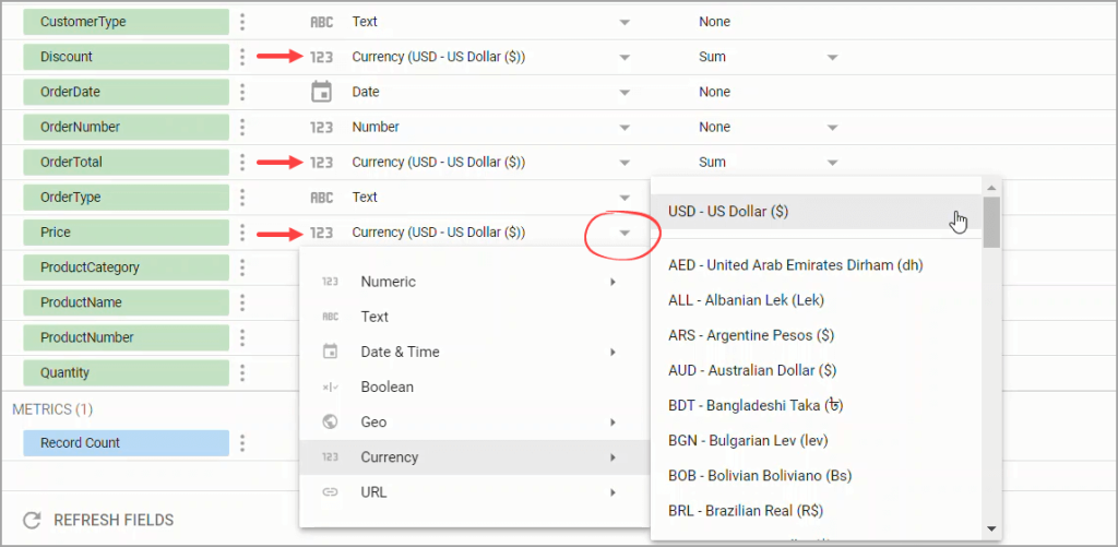 Figure 14. Changing the fields' data types