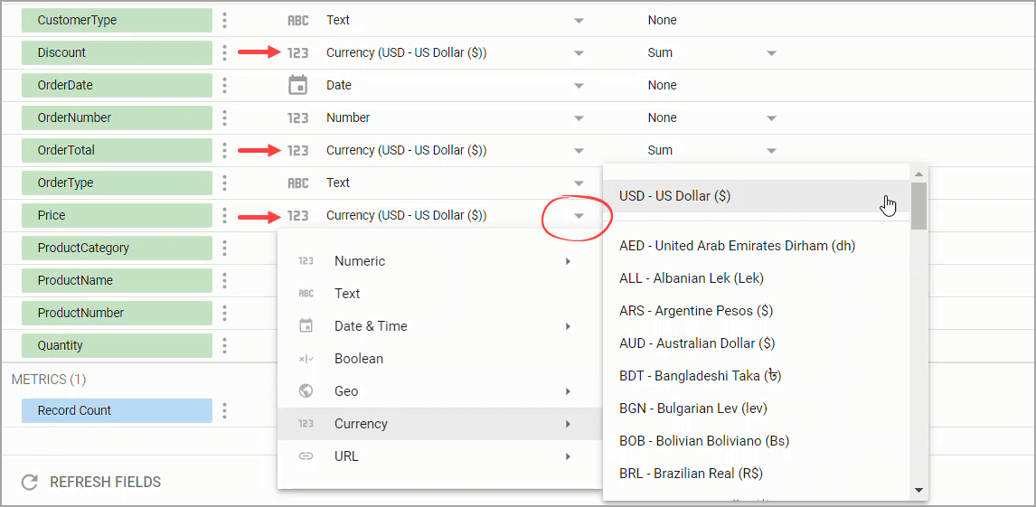 Modificación de los tipos de datos de los campos
