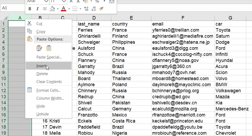 Insert a column to the left of your dataset like this: