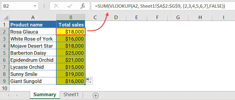 Figure 2.2.2. Excel VLOOKUP and SUM data from another sheet