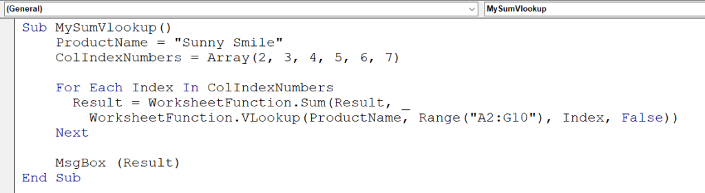 Figure 4.2.2. The VBA code for SUM and VLOOKUP multiple columns