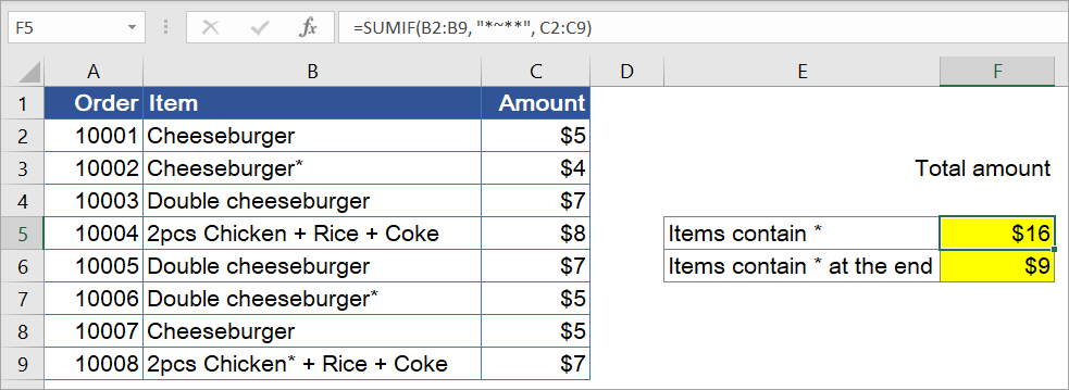 Figure 6.5: SUM if cells contain an asterisk