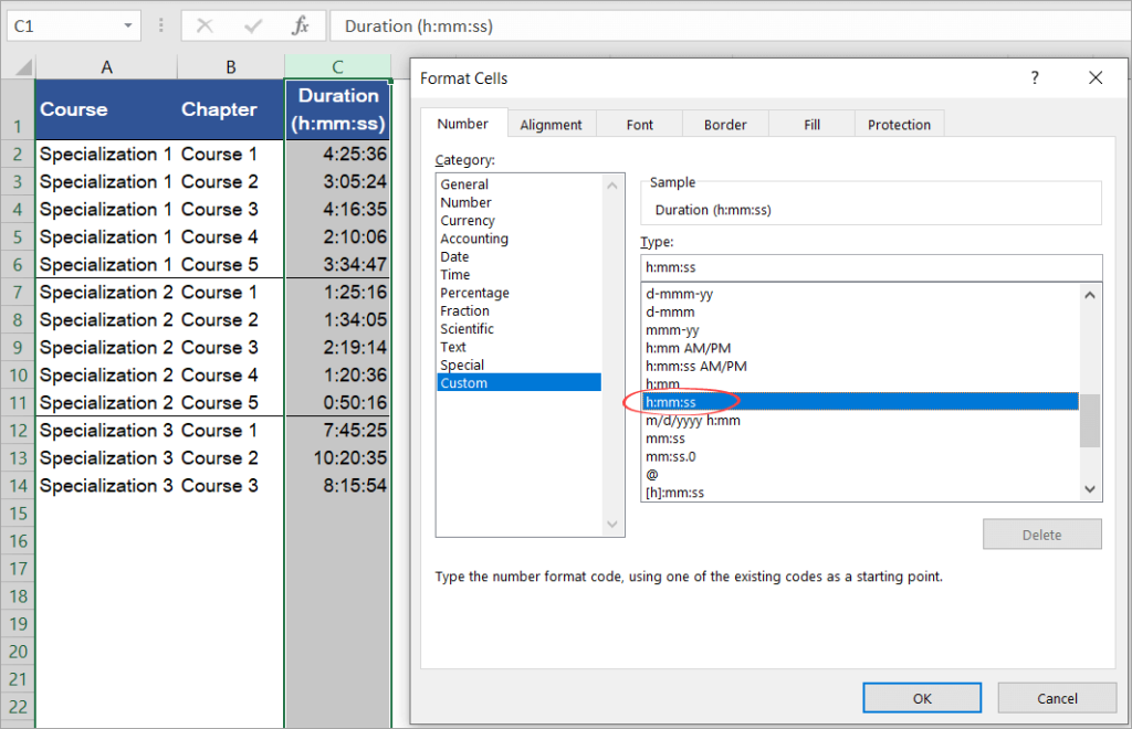 Figure 6.9.1: Formatting a column to h:mm:ss