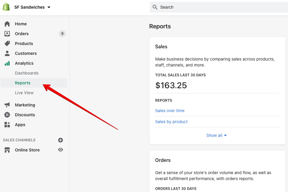 1 - shopify reports menu